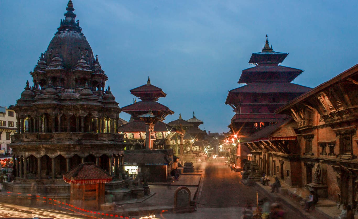 Patan Durbar Square at dusk, Lalitpur